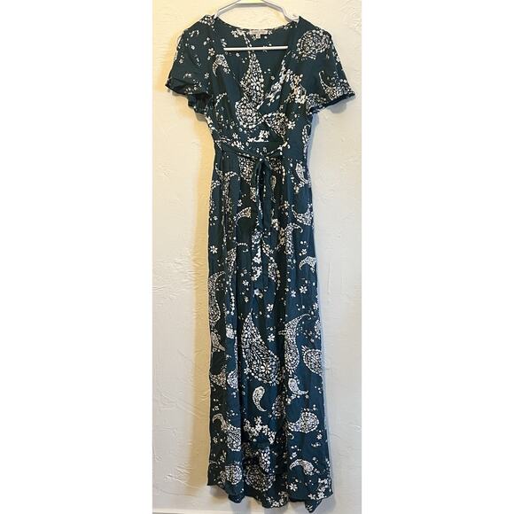 Patrons of Peace Dresses & Skirts - Patrons of Peace Paisley Maxi Dress Teal White V-Neck Tie Short Sleeve XS